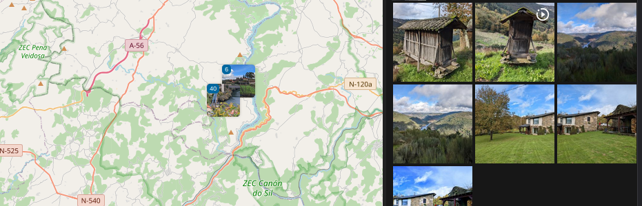 Captura de pantalla do Nextcloud Memories (Lembranzas) onde se ve un mapa e unha serie de fotografías sacadas nesa zona do mapa.