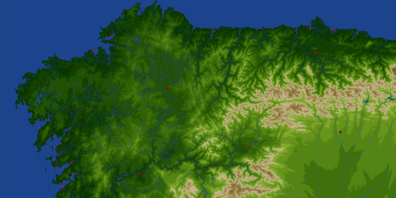 Imaxe topográfica do OpenTTD do escenario de Galiza. Vese dende as rías baixas ata Ribadesella en Asturias.